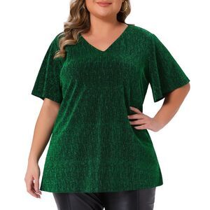 Plus Size Tops V Neck Metallic Short Sleeve T-Shirt Blouses Green